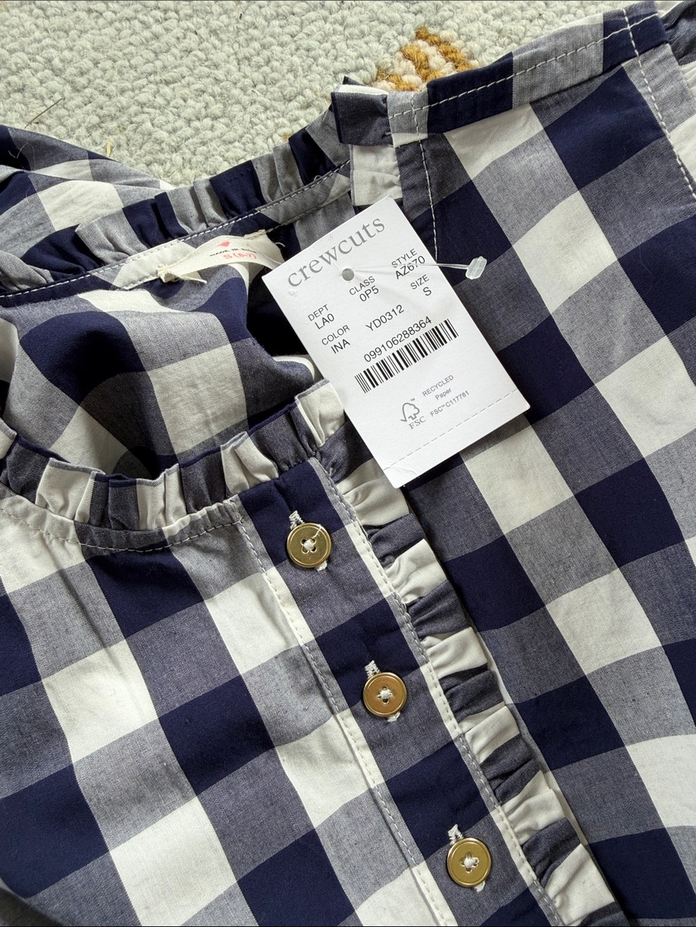 NWT Crewcuts cotton navy blue & white checked top size girls small 6-7 - Picture 3 of 4